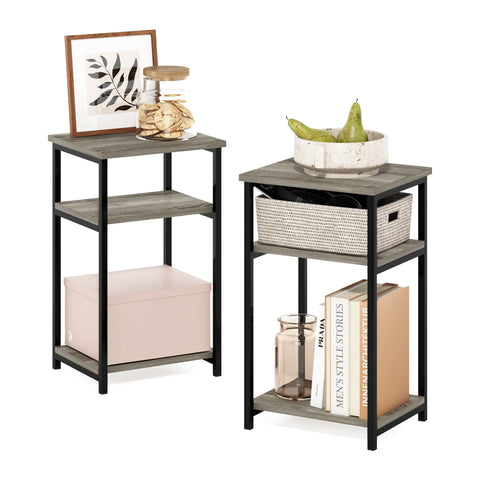 Furinno Just 3-Tier Metal Frame End Table with Storage Shelves, 2-Pack, French Oak