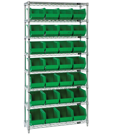 Quantum Storage Systems WR8-239GN 8-Tier Complete Wire Shelving System with 28 QUS239 Green Giant Open Hopper Bins, Chrome Finish, 12" Width x 36" Length x 74" Height