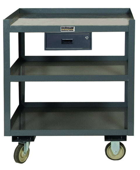 Portable Shop Desk With 5 Inch x 1-1/4 Inch Polyurethane Casters (2) Rigid And (2) Swivel With Side Brakes 3 Shelves 1 Lockable Drawer 1-1/2 Inch Lips Up On Top Shelf 3 Sides And Bottom Shelf On 4 Sides Gray
