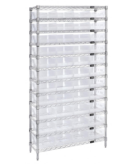 QUANTUM STORAGE SYSTEMS WR12-108CL Wire Heavy Duty 12 Shelves 74" H x 36" W x 18" D with 44 Clear Bins 18" L x 9" W x 4" H