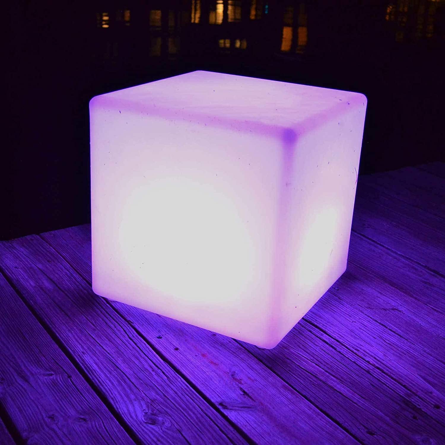 BLOCK- LED Illuminated Square Seat with 16 color options and 4 color changing modes on the remote. Portable, waterproof, and requires no batteries. Charge lasts approximately 8 hours.