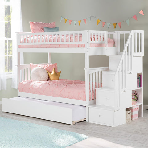 AFI, Columbia Staircase Bunk Bed Twin Over Twin with Twin Trundle, White