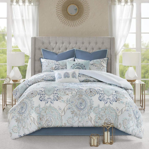 Oakestry 8Pc Season Set with Matching Bedskirt, Decorative Lightweight Pillows Oeko-tex Certified, Queen(90"X90"), Blue
