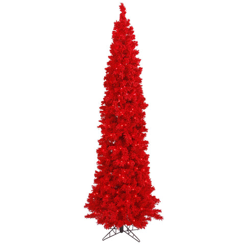 Vickerman 7.5' Flocked Red Pencil Fir Artificial Christmas Tree, Red Dura-lit LED Lights - Snow Covered Faux Tree - Seasonal Home Decor - Maintenance Free