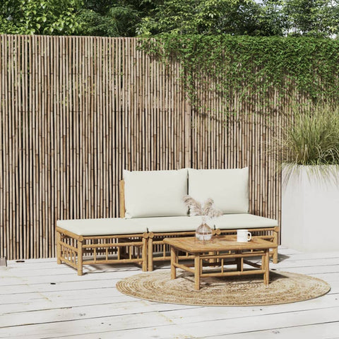 Oakestry Garden Lounge Set Cream White Bamboo & Polyester Modular Outdoor Seating with Coffee Table, 2 Middle Seats & Footstool â€“ Brown