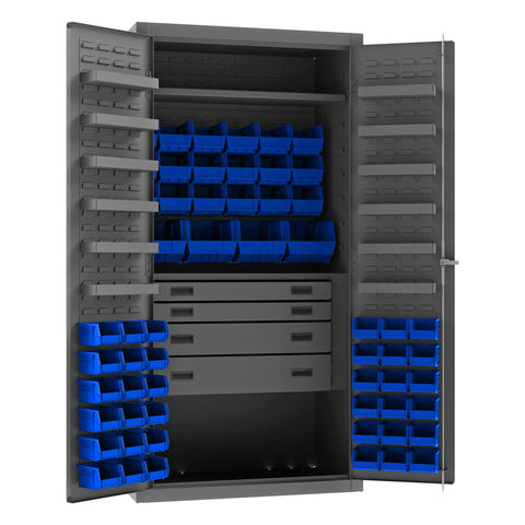Heavy Duty Cabinet 14 Gauge 36 x 24 x 72 1 Fixed Shelf 1 Adjustable Shelf 58 Blue Bins Flush Doors with Louvered Panel 4 Drawers 12 Door Shelves Lockable Chrome Handle with Keys Gray
