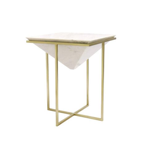 Pasargad Home Perama Collection Side Table, Stainless Steel Frame with Real Marble Top End Table - Modern Bedside Table for Bedroom Living Room, 19.75" H, White/Gold