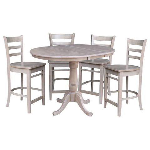 IC INTERNATIONAL CONCEPTS 36" Round Solid Wood Extension Table in Washed Gray Taupe & 4 Madrid Stools