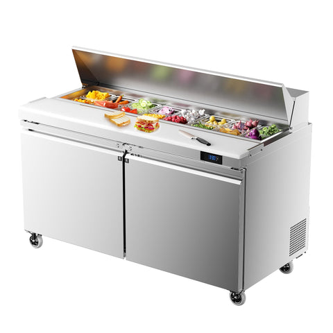 Coolake 60'' W Commercial Refrigerator Sandwich Salad Prep Table, 2 Door Sandwich Fridge with 16 GN 1/6 Pans, Counter Fan Cooling Refrigerator for Restaurant, ETL DOE