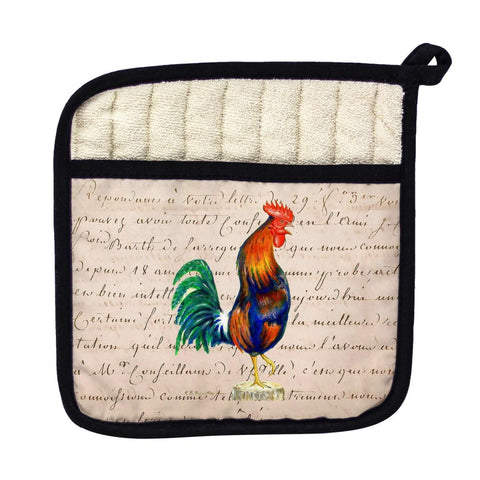 Betsy Drake PT037A Blue Rooster Beige Script Pot Holder