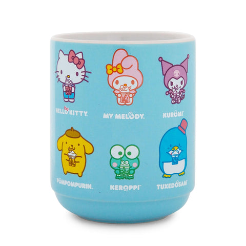 Hello Kitty Sanrio and Friends Drinking Boba Character Grid Asian Ceramic Tea Cup | Traditional Japanese-Inspired Mug Without Handle | Holds 9 Ounces