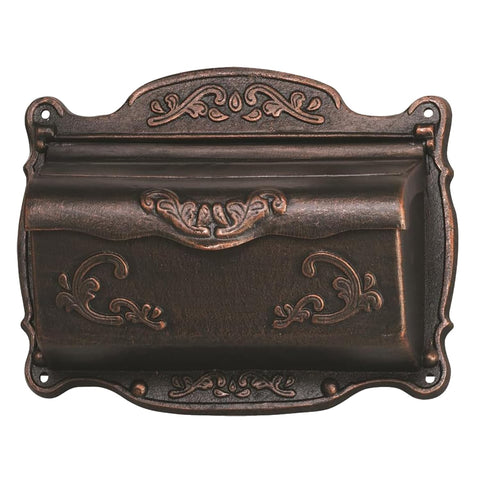 Antique Bronze Finishing Cast Aluminum Wall Mounted Mailbox, Weather-Resistant, Elegant Vintage Design. Size: 17.5" D x 5.3" W x 12.25" H. Includes 4 Pieces Finish Mounting Screws