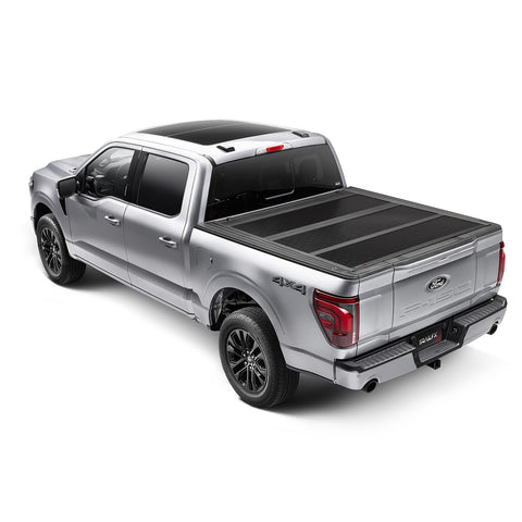 TrailFX Hard Tri-Fold Tonneau Cover Fits 2021-2025 Ford F-150 5.5 Foot Bed Hard Folding Cover 3 Folds 3 Panels Lockable Tailgate Handle Gloss Black Textured Aluminum Clamp-On Installation