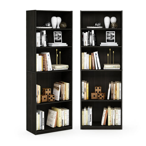 Furinno Jaya Book Shelf Set of 2, 5-Tier Bookshelf, Bookcase, with Adjustable Shelf, 9.5 x 24.5 x 71, for Home Office, Living Room, Espresso