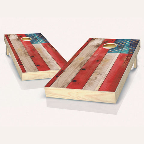 Skip's Garage American Flag Distressed Cornhole Set - 2x4 Boards (All Weather Bags) - Include Hole Lights + Score Tower