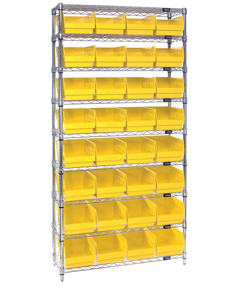 Quantum Storage Systems WR9-207YL 9-Tier Complete Wire Shelving System with 32 QSB207 Yellow Store-More Bins, Chrome Finish, 12" Width x 36" Length x 74" Height
