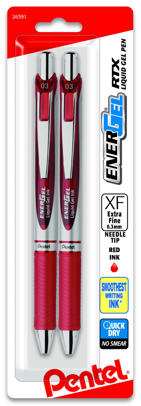 Pentel Gel Ink Pen, EnerGel RTX Retractable Gel Pen, (0.3mm) Needle Tip, Extra Fine Point, Red Ink, 2 Pk (BLN73BP2B)