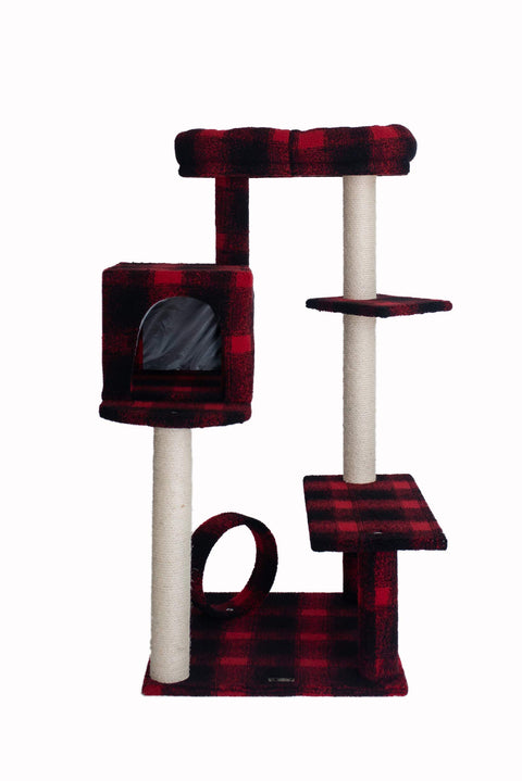 Armarkat Model B5008 50-inch Real Wood Cat Tree with Veranda, Bench, Mini Perch, and Spacious Lounger in Scotch Plaid, Black/Red, 31""(l) x 28""(w) x 50""(h)
