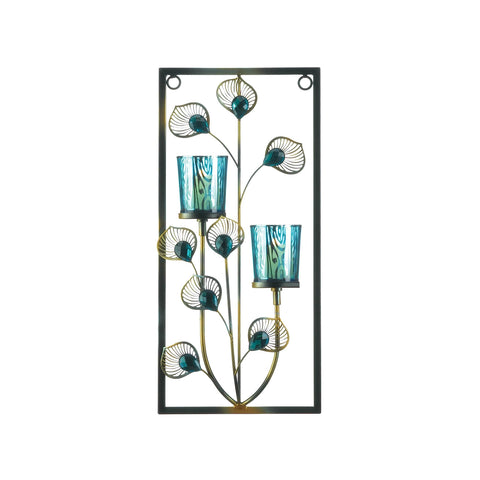 Zingz & Thingz Peacock Plume Sconces and Candleholders Peacock Wall Sconce Duo