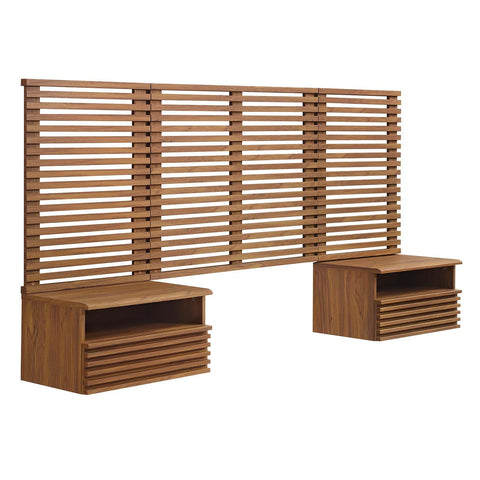 Modway Render Wall-Mount Headboard and Modern Nightstands Bedroom Set, Twin, Walnut