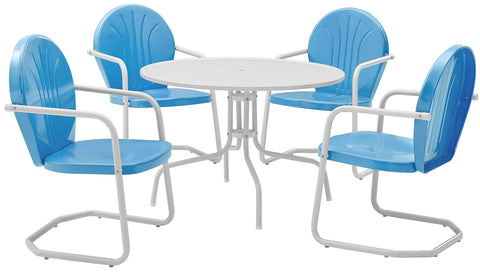 Griffith 5Pc Round Retro Outdoor Dining Set Sky Blue Gloss/White Satin - Table & 4 Chairs