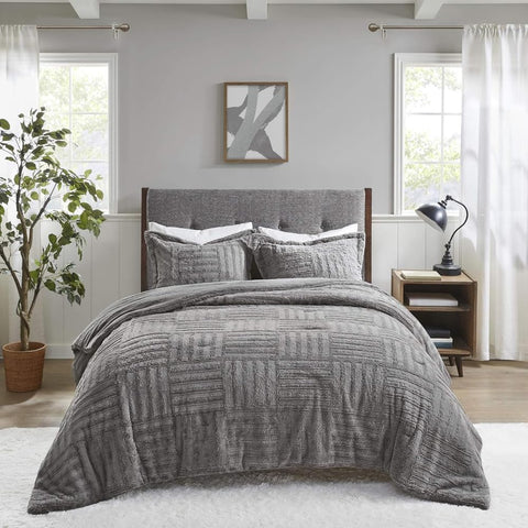 Oakestry Arctic Ultra-Soft Comforter Faux Fur Checkboard Textured Design Set Winter Summer Warm Fluffy Down Alternative King/Cal King Size Bedding Set, Grey