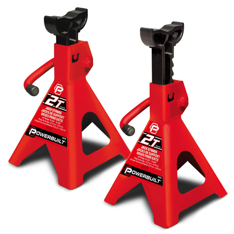 Powerbuilt 2 Ton Ratchet Jack Stand Pair, 4000 Pound 2-Piece Heavy Duty Steel Stands, Wide Angle Stability, Adjustable Height - Red 640399
