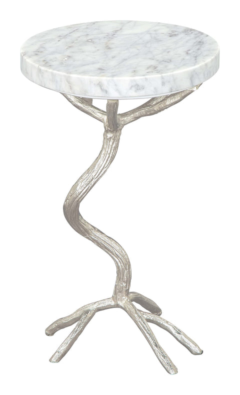 Joel Side Table White & Silver, White End Table, Modern Style, Natural Marble Round Shape Tabletop, MDF, Indoor Living, 12" W x 12" D x 22" H