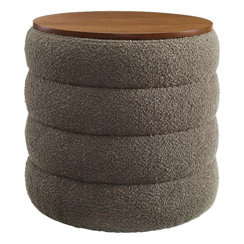 Modway Mezzo Round Boucle Fabric Storage Ottoman Stool in Pebble - Channel Tufted Ottoman - Upholstered Footrest - Versatile End or Side Table with Storage