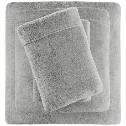 Oakestry 4-Piece Solid True North Soloft Warm Plush Wrinkle-Resistant Bedsheet Set with Puffy Fleece Matching Pillow Case and 14" Deep Pocket, Full, Grey