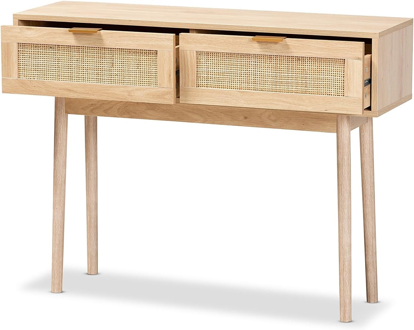 Baxton Studio Baird Mid-Century Modern Light Oak Brown Finished Wood and Rattan 2-Drawer Console Table