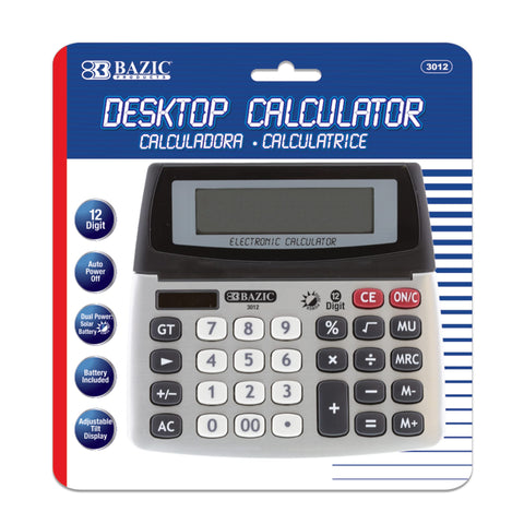 BAZIC Products 12-Digit Dual Power Desktop Calculator w/Adjustable Display, Solar & Battery, LCD Display, Standard Function Electronics Calculators, 1-Pack