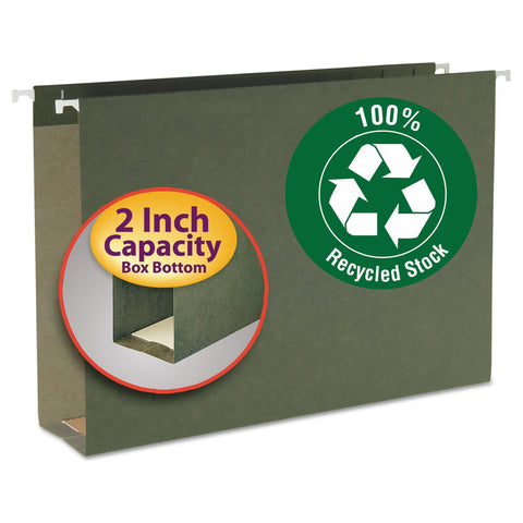 Smead 100% Recycled Box Bottom Hanging File Folder, 2" Expansion, Legal Size, Standard Green, 25 per Box (65095)