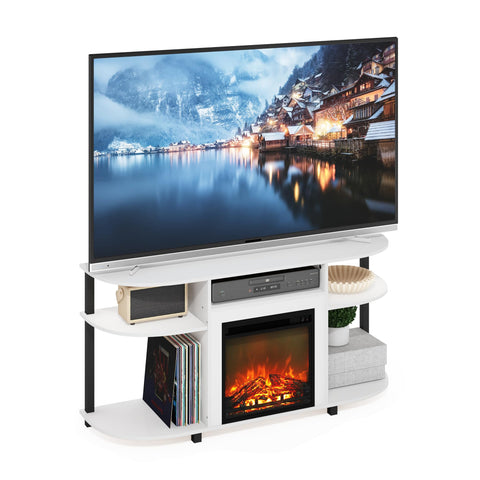 Furinno Jensen Fireplace TV Stand, Curved Entertainment Center, TV Console for TV up to 55 Inch with Fireplace and Open Storage, for Living Room, Bedroom, Solid White