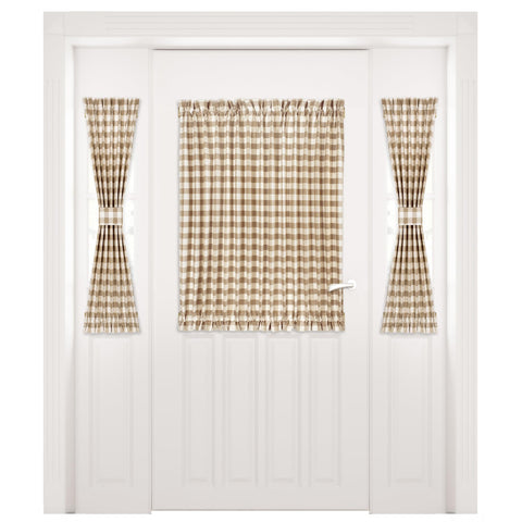 Light Filtering French Door Curtain Panel - 54" x 40"- Sidelight Window Coverings with Adjustable Tieback for Living Room, Patio & Front Doors - Machine Washable Drapes - Buffalo Check Taupe