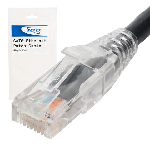 ICC CAT6 Ethernet Patch Cord with Clear Boot Strain Relief, RJ45, Stranded, 550 MHz, UTP, Pure Bare Copper Wire, 24 AWG, LAN Network Patch Cable, Black, 10 FT, Single