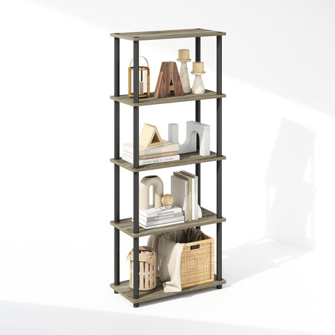 Furinno Turn-N-Tube Book Shelf, 5-Tier Bookshelf, Bookcase with Multipurpose Compact Display Rack, 11.6 x 23.6 x 57.4, for Living Room, Bedroom, Home Office, French Oak/Black