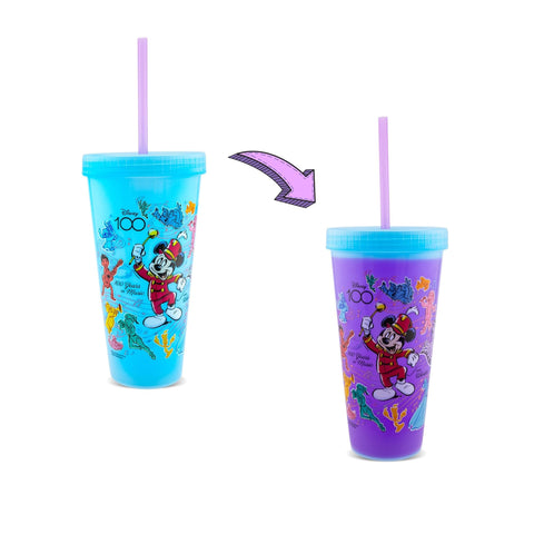 Disney 100th Anniversary Mickey Mouse Color-Changing Plastic Travel Tumbler | Includes Reusable Straw and Leak-Resistant Lid | Holds 20 Ounces