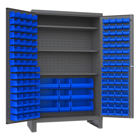 Durham JC-137-3S-5295 Welded 14 Gauge Steel Heavy Duty Cabinet with 137 Blue Bins, 24" Length x 48" Width x 78" Height, 3 Shelves, 78" Height, 24" Width