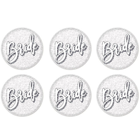 Beistle 6 Piece Prismatic Pinback Bride Buttons for Bachelorette Party Favors Wedding Bridal Shower Decorations Supplies, 2", White/Silver