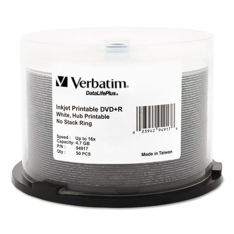 Verbatim DVD+R 4.7GB 16X DataLifePlus White Inkjet Printable, Hub Printable - 50pk Spindle - 94917, White