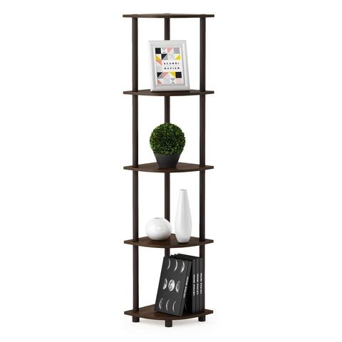 Furinno TURN-N-TUBE Corner Shelf, 5-Tier Corner Bookshelf, Open Storage Shelves, for Organization and Storage, Living Room, Home Office, Garage, Bedroom, Walnut