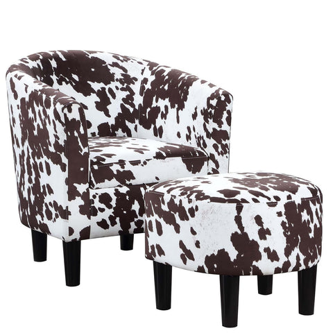 Convenience Concepts Take a Seat Churchill Accent Chair w/Ottoman in White and Brown Cowhide Fabric