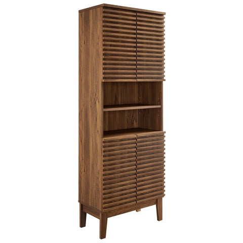 Modway Render Tall Bathroom Storage Tower in Walnut - 63” Freestanding Linen Cabinet with Open Shelves and 4 Soft-Close Doors - Towel and Makeup Organizer