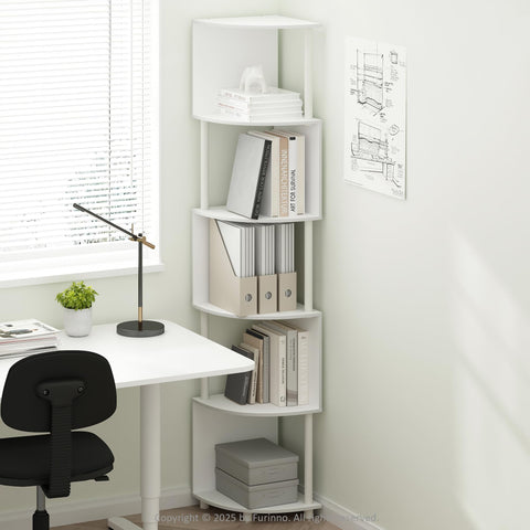 Furinno Basic Book Shelf, 5-Tier Bookshelf, Bookcase with Zigzag Corner Shelf, 14.2 x 14.2 x 71.2, for Living Room, Bedroom, Home Office, White/White