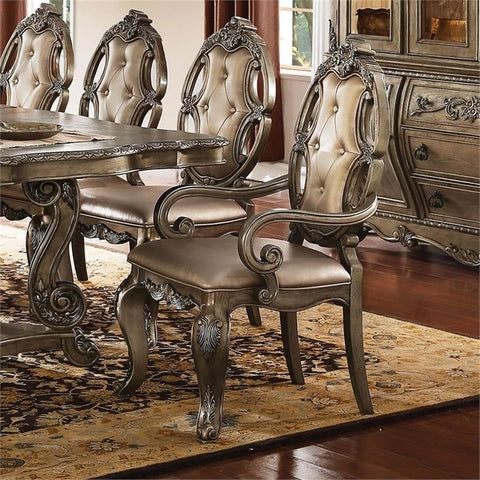 Acme Ragenardus Faux Leather Dining Arm Chair in Champagne Oak Set of 2