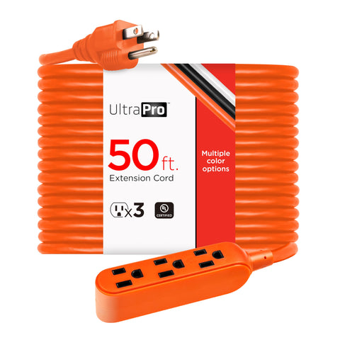 UltraPro 50 Ft Indoor Extension Cord 3 Outlet Power Strip Short Extension Cord with Multiple Outlets Grounded Heavy Duty 16 Gauge ETL Listed Orange 51926