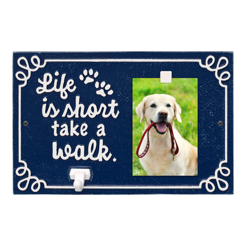 Whitehall Pet Photo Plaque Leash Hook - Cast Aluminum Life is Short Take a Walk Keepsake Animal Paw Print Wall Sign and Leash Holder with Picture Clip - Blue/White