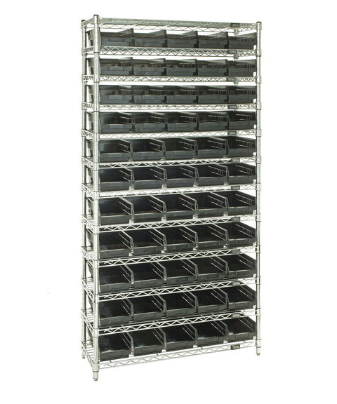 QUANTUM STORAGE SYSTEMS WR12-104BK Wire Heavy Duty 12 Shelves 74" H x 36" W x 18" D with 55 Black Bins 18" L x 7" W x 4" H