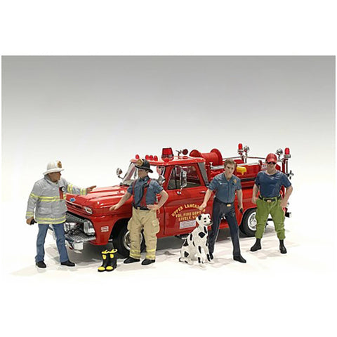 American Diorama Firefighters 6 Piece Figure Set (4 Males 1 Dog 1 Accessory) for 1/24 Scale Models
